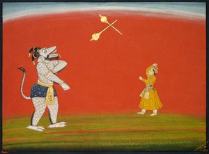 Pradyumna ja Samvara taistelevat Maxin kanssa: Lehti "Suuresta Basohli Bhagavata Puranalta" tekijältä Unknown artist