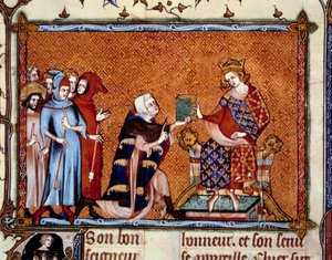Kirjan esittely: Jean de Joinville (1224-1317) tarjoaa kirjansa Ludvig Navarran kuninkaalle tulevalle Ludvig X hutiinille. Miniatyyri "" Vie de Saint Louisissa"" tekijältä Unknown artist