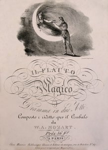 Prinssi Tamino vastaanottaa Yön Kuningattaren lumotun huilun, kansikuvan W.A. Mozartin (1756-1792) "" Lumottu huilu" -osiokirjasta (Die Zauberflote) (1791). Leonard de Selvan kokoelma. tekijältä Unknown artist