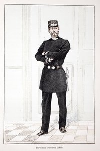 Ylitarkastaja (1894). Etsaus väreillä, havainnollistava "" Rauhanturvaajien joukkojen historia"" -kirja, joka on julkaistu Louis Lepinen (1846-1933) Seinen poliisin prefektin suojeluksessa, Alfred Rey (1864-?) ja Louis Feron (1862). -?) tekijältä Unknown artist