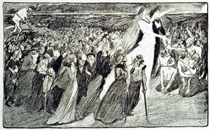 Kulkue pyhiinvaelluksen aikana Lourdesissa, Theophile Alexandre Steinlenin (1859 - 1923) allegoria, joka havainnollistaa Emile Zolan (1840-1902) "Lourdes" -kappaletta "Gil Blas illustriousista" tekijältä Unknown artist