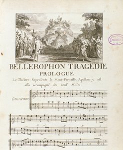 Prologi "" Bellerophon "" Lyrique tragediaan viidessä näytöksessä Jean Baptiste Lullyn (Giovanni Battista Lulli) (Jean-Baptiste) (1632-1687) prologin kanssa. 1714. tekijältä Unknown artist
