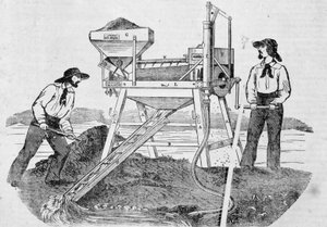 Pubi "The Fortune, Company of the Gold Mines of California": kuva, jossa kaksi kullankaivaajaa työskentelevät pesukoneissa ja sekoittavat kultaa - "" Charivarissa"" 25. kesäkuuta tekijältä Unknown artist
