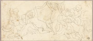 Putti pelissä Peuran ja koiran kanssa tekijältä Unknown artist