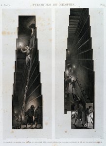 Memphisin pyramidit: näkymä Suuren pyramidin ylemmästä galleriasta, otettu ylä- ja alalaakerista - "" Egyptin kuvaus", Imperial Editions tekijältä Unknown artist