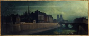 Quai des Orfêvres, Pont Saint-Michel, Notre-Dame, noin 1860; yövaikutelma, nykyiset 1. ja 4. arrondissementit, vuosien 1855 ja 1865 välillä (öljy kankaalle). tekijältä Unknown artist