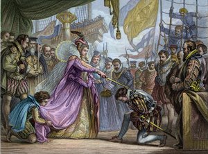Kuningatar Elisabet I (1530-1603) ritariksi valinnut Francis Draken (1540-96) - Francis Draken (1540-1596) pehmitys tekijältä Unknown artist