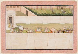Raman veljet Bharata ja Shatrughna lähtivät Ayodhyasta etsimään Ramaa ja Lakshmanaa metsästä ilmoittamaan heille isänsä Dasharathan kuolemasta. tekijältä Unknown artist