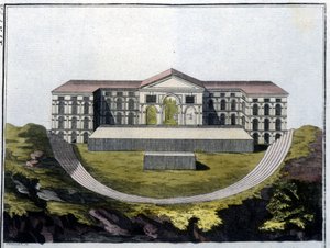Kreikkalaisen Bachus-teatterin jälleenrakennus Ateenassa. - Ferrarion teoksessa "" Le costume ancien et moderne""", toim. Milano tekijältä Unknown artist