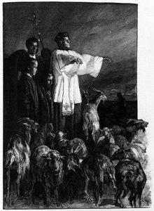 Uskonnolliset riitit: Manauksen seremonia kaupungin aukiolla taivaaseenastumisen yönä. Sisilia 1800-luvun kaiverrus tekijältä Unknown artist