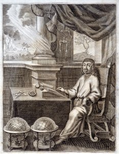René Descartes (1596 - 1650) toimistossaan tieteellisten laitteiden kanssa. Kaiverrus 1600-luvulta. tekijältä Unknown artist