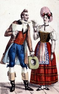 Dulcamaren ja Alinan (Frezzolini ja Heinefetter) esittäminen Gaetano Donizettin oopperassa "Elixir d