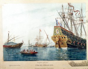 Esitys italialaisista laivoista, galerereista, 1500-luvun brigantiinista (akvarelli tekijältä Unknown artist