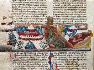 Jules Cesarin (101-44 eKr.) esitys lähellä sotilasleiriään. Yksityiskohta käsikirjoitussivusta "" Roomalaisten tosiasiat"" (Ms 1538, 24v) noin 1340 Firenze, Biblioteca Riccardiana tekijältä Unknown artist