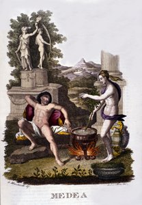 Edustus Medeasta valmistelemassa kirouksiaan argonautien syklin jälkeen. Kaiverrus 1800-luvulta. tekijältä Unknown artist