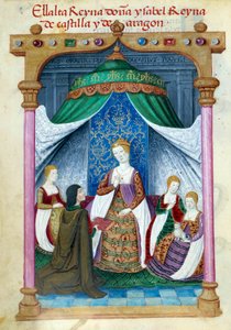 Edustus Portugalin kuningatar Isabellasta Aragonian Isabellasta (1271-1336), jota ympäröivät hänen toverinsa ja Pedro Marcuello, joka tarjoaa hänelle kirjansa. Käsikirjoitussivu otettu Espanjan kuningatar Joan Follen (1479-1555) hartauskokoelmasta. tekijältä Unknown artist