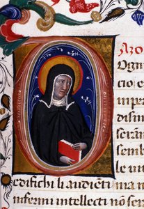 Assisilaisen Saint Clairen (Chiara) (n. 1192-1253), klaarikunnan perustajan, edustaja. Miniatyyri 1400-luvun käsikirjoituksesta. tekijältä Unknown artist