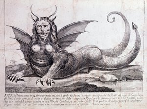 Kuvaus perun järvestä löydetystä harpiasta, hirviöstä: siinä on ihmisen kasvot, sarvet, lohikäärmeen siivet, leijonan harja, matelijan ruumis, naisen rinnat (painos 1784) tekijältä Unknown artist