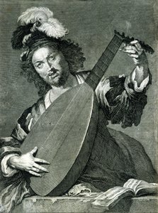 Edustus luutunsoittimesta, joka virittää instrumenttiaan. tekijältä Unknown artist