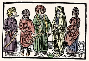 Edustus tattari. Miehiä, joilla on kädet kietoutuneet päät ja verhottuja naisia. 1400-luvun ksylografia tekijältä Unknown artist