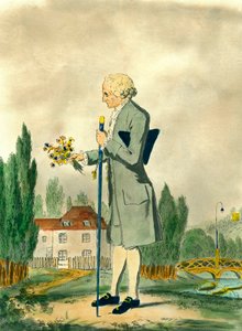 Edustus sveitsiläisestä filosofista Jean Jacques Rousseausta (1712-1778), joka poimii kukkia Ermenonvillessä. Kaiverrus 1700-luvulta. Yksityinen kokoelma. tekijältä Unknown artist