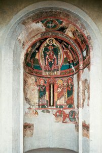 Neitsyen ja lapsen esitys Magi Kingsin ympäröimänä. Fresko Santa Marian kirkon keskusapsista. Noin 1123. Barcelona. Katalonian kansallinen taidemuseo tekijältä Unknown artist