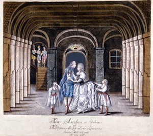 Giuseppe Sartin (1729-1802) oopperan "Giulio Sabino" esitys Wienissä 1785. Lavalla Caterina (Katharina) Cavalieri ja kastraatti Luigi Marchesi. Milano tekijältä Unknown artist
