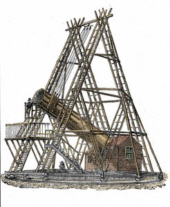 Englannin tähtitieteilijän William Herschelin (1738-1822) teleskoopin esitys. Kaiverrus 1800-luvulta tekijältä Unknown artist