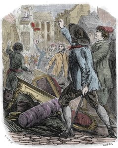 Reveillon-mellakat tapahtuivat 26.-29. huhtikuuta 1789 - Ranskan vallankumous: Reveillon-tapaus - "" Painttien valmistuksen ryöstö Jean Baptiste de Reveillon le 28 avril 1789" Pariisilainen mellakka ryösti rue du Faubourg saint Antoine -tehtaan. tekijältä Unknown artist