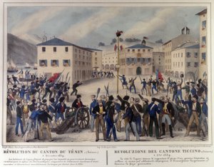 Ticinon kantonin vallankumous Sveitsissä 5. joulukuuta 1859. Kaiverrus 1800-luvulta. tekijältä Unknown artist