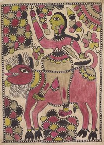 Ratsastaja ja nelijalkainen nautaeläin mauve, chartreuse ja musta paletti tekijältä Unknown artist