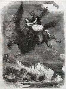 Roger (Ruggero, Ruggiero) ja Angelique (Angelica) virtahepolla - kaiverrus vuodelta 1851 Ludovico Ariostosta "" Roland furieux"" (1500-luku), joka tunnetaan nimellä Ariosto - Tressanin kreivin italiasta kääntämä painos ja julkaisee tekijältä Unknown artist