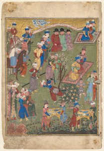 Kuninkaallinen vastaanotto maisemassa, vasen folio Firdausin (persialainen, noin 940–1019 tai 1025) Shahnaman (kuninkaiden kirjan) kaksoisetulevystä tekijältä Unknown artist