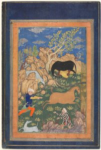 Rustam Lasso hevostaan, Rakhsh, maisemassa (recto) tekijältä Unknown artist
