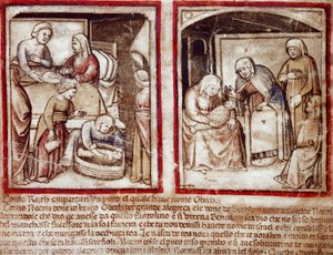 Ruth synnyttää Obedin (Obeth), Boaasin (Boaz) pojan pienoismalli Codex 212:sta (tai Padovan Codexista tai Padovan Raamatusta) 1390-1400 Rovigo, Accademia dei Concordi tekijältä Unknown artist
