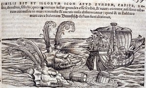 Merimiehet heittävät tynnyreitä mereen häiritäkseen takaa-ajoa olevia hirviöitä. Kaiverrus "Historia Animalium", kirjoittanut Conrad Gesner (1516-1565), Tiguri tekijältä Unknown artist