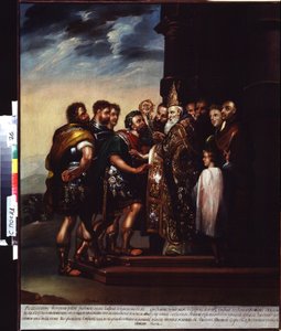 Pyhä Ambrosius ja keisari Theodosius I (Pyhä Ambroseus ja keisari Theodosius). Theodosius I:n (Flavius ​​Theodosius tai Theodosius Suuri (347-395), Rooman keisari 379-395) ekskommunikaatio Milanon Ambroseuksen toimesta (Aurelius Ambrosius, 340-397). Maalat tekijältä Unknown artist