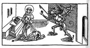Pyhä Antonius Suuri (tai Pyhä Antonius Erakko tai Pyhä Antonius Abbe) demonin kiusaamana. Kaiverrus "Leben der Heiligen - sommerteil" (pyhimysten kirja), jonka on kirjoittanut Jacobus (James) Voragine (1228-1298). Lyypekki 1488. tekijältä Unknown artist