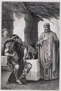 Saint Gregoire of Tours (538-594) vastustaa Chilperic I:tä (539-584) Neutrian kuningasta. tekijältä Unknown artist
