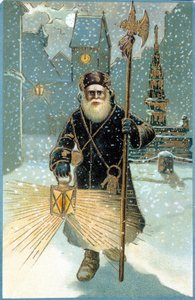 Joulupukki yöllä lyhdyn kanssa. 1800-luvun postikortti. tekijältä Unknown artist