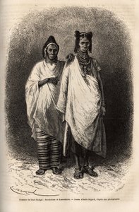 Sarakolilaiset ja kassonkelaiset naiset, Ylä-Senegalin populaatiot, perinteisissä vaatteissa. Kaiverrus havainnollistamaan risteilyä Afrikan rannikolla, vara-amiraali Fleuriot de Langle, vuonna 1868, julkaistu "" Le tour du monde""" 1872, toimittanut Edoua tekijältä Unknown artist