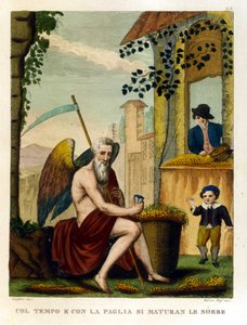 Sanonta: ""Ajan ja olkireunuksen myötä nefles ja tammenterhot"" (aika tekee kaiken sotkuiseksi), Kuvitus sananlaskukokoelmasta. 1800-luvulla tekijältä Unknown artist
