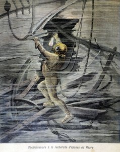 Scaphandrier etsii hylkyjä Le Havresta. kuva "Petity Journalista" vuodelta 1892. tekijältä Unknown artist