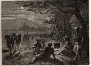 Muun maan kohtaus, kuutamossa, matot pystytetään maahan työpäivän jälkeen. Kaiverrus havainnollistamaan matkaa Japaniin vuosina 1863-1864, Sveitsin valaliiton ministeri Aime Humbert julkaisussa "Le tour du monde, nouveau journal des tekijältä Unknown artist