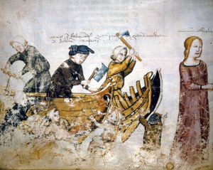 Laivanrakennuksen kohtaus 1200-luvulla. tekijältä Unknown artist