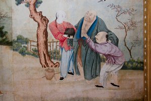 Kiinan arjen kohtauksia, kiinalaisen tapetin yksityiskohta, kiinalainen kaappi, metsästysasunto, kirjoittanut Filippo Juvarra (1678-1736), Stupinigi, Piemonte, Italia tekijältä Unknown artist