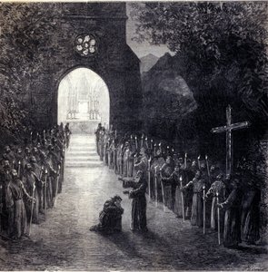 Lavastus II näytöksen viimeiseen kohtaukseen italialaisen säveltäjän Giuseppe Verdin (1813-1901) oopperaan "La forza del destino" (Kohtalon voima) esitykseen Pariisin oopperassa tekijältä Unknown artist
