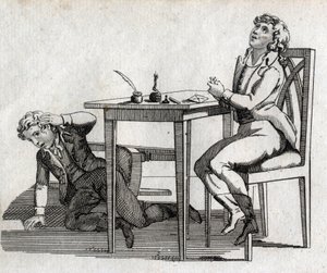 Koululaisilla on pöytä mustepinnalla. Kaiverrus 1700-luvun lopulla. Yksityinen kokoelma. tekijältä Unknown artist