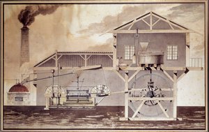 Tiede ja tekniikka: "" Höyrykone, jauhomyllyn leikkaaminen"" Edouard Buryn piirustus. 1796. Paris, Conservatoire National des Arts et Metiers tekijältä Unknown artist