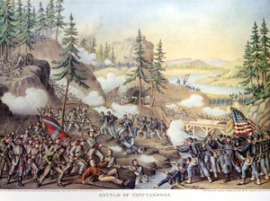 Secession War (1861 - 1865) tai American Civil Giuerre: 24.-25.11.1863: kahden päivän taistelun jälkeen Chattanoogassa Tennesseen osavaltiossa, kenraali Rosecransin komentaman pohjoisen armeijan voitto. Kaiverrus. tekijältä Unknown artist